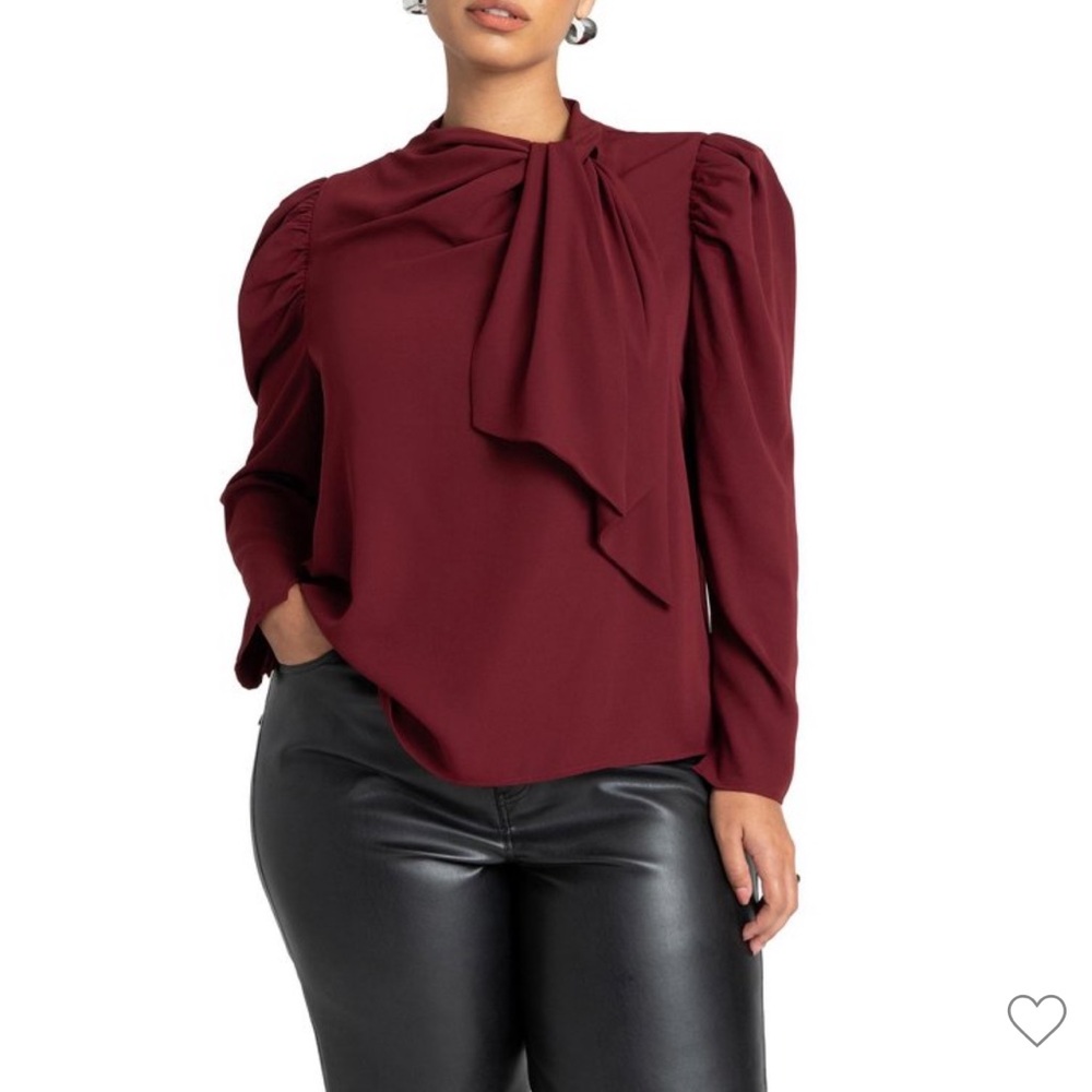 ELOQUII | Women’s Zinfandel Plus size 30 Drape Front Tie Neck Blouse Long Sleeve